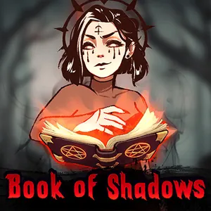 Book of Shadows fra Nolimit City med en blek kvinne med tornekrans som holder en glødende bok med pentagrammer
