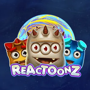 Reactoonz från Play'n GO med tre runda utomjordingar med horn och stora ögon framför en lila planet