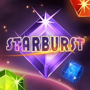 Starburst fra NetEnt med en lilla krystall i midten og blå, grønne og røde edelsteiner mot en mørk stjernehimmel