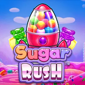Sugar Rush från Pragmatic Play med en rosa tuggummiautomat full av godiskulor och två gelébjörnar i grönt och lila