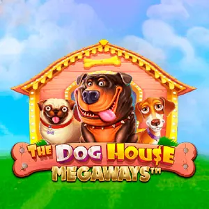 The Dog House Megaways från Pragmatic Play med tre hundar framför en rosa hundkoja under blå himmel