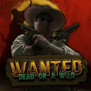 Hacksaw Gamings Wanted Dead or a Wild med en maskert cowboy som sikter med to revolvere foran en rød himmel
