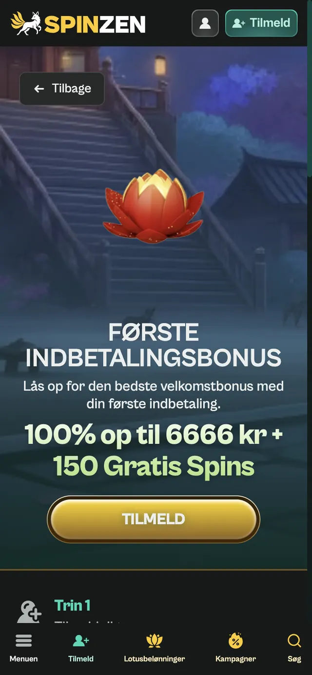 Spinzens danske velkomsttilbud på mobil med beløb i kroner og knap til første indbetaling