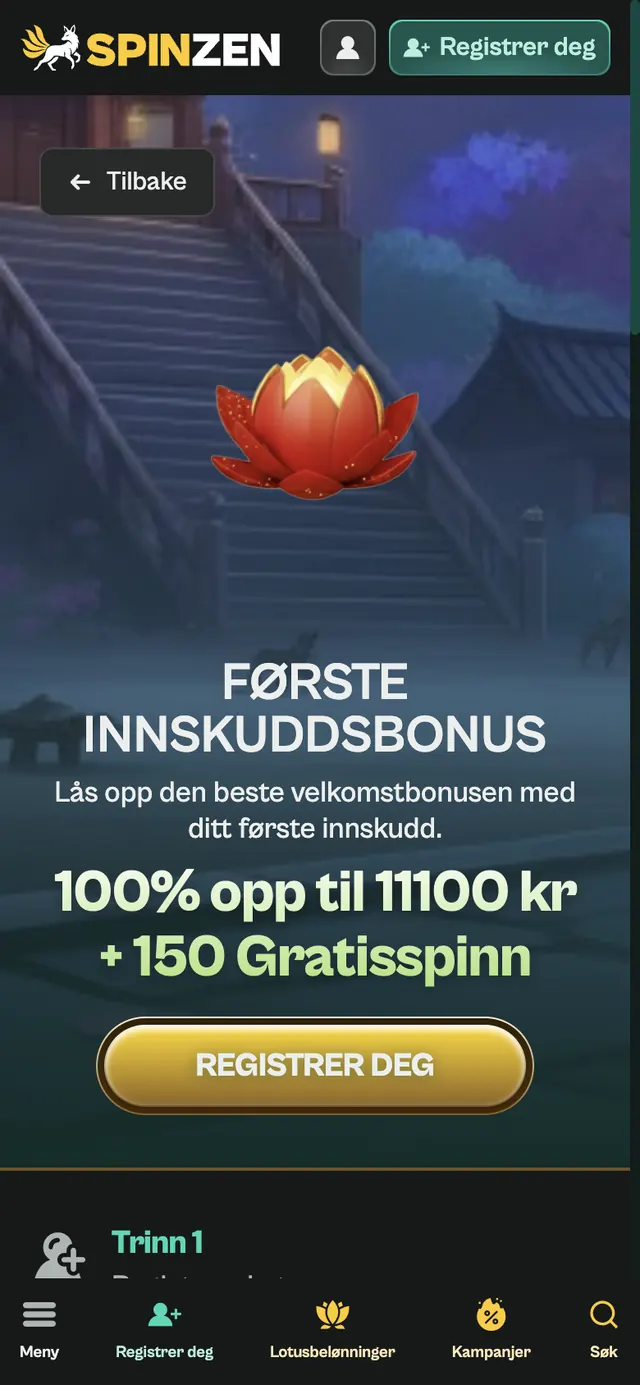 Spinzens norske mobilside med første innskuddsbonus: 100 % opptil 11 100 kr og 150 gratisspinn, knapp for registrering