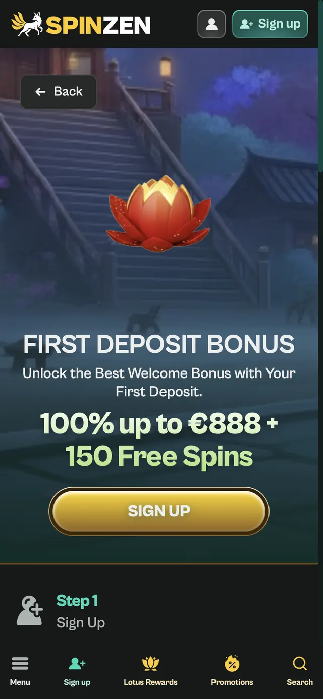 Spinzens engelska sida för första insättningsbonusen i mobilen med beloppet i euro och knappen Sign up
